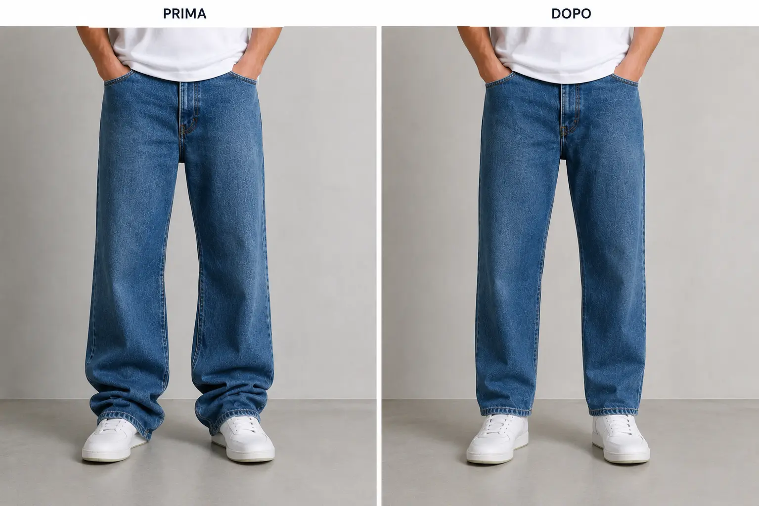 Confronto prima e dopo di un orlo su jeans